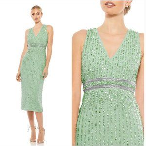 Mac Duggal Sequined Sleeveless V Neck Midi Sheath Dress In Sag Green